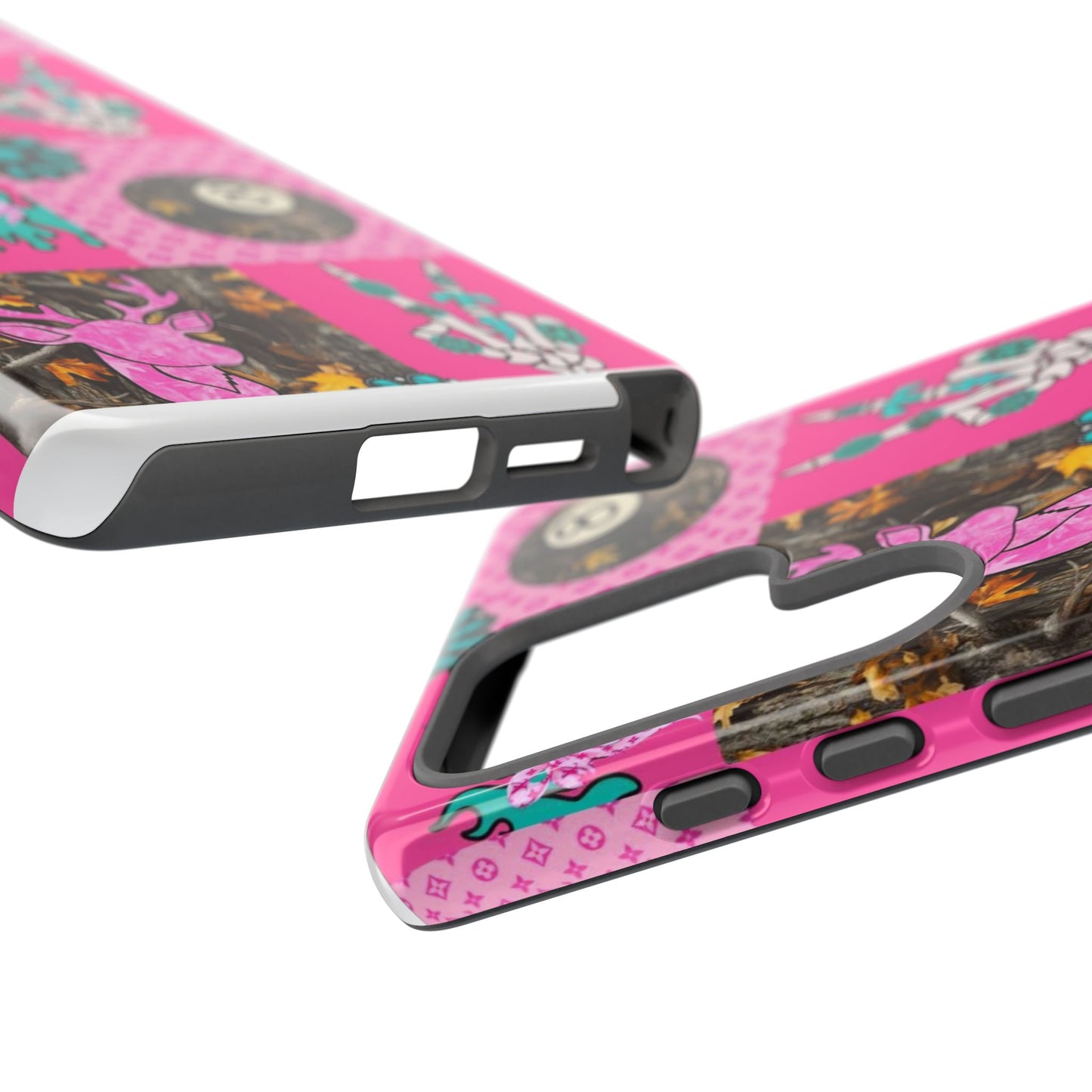 Pink Country Patchwork Phone Case – Billiard 8-Ball, Deer & Skeleton Hand Design
