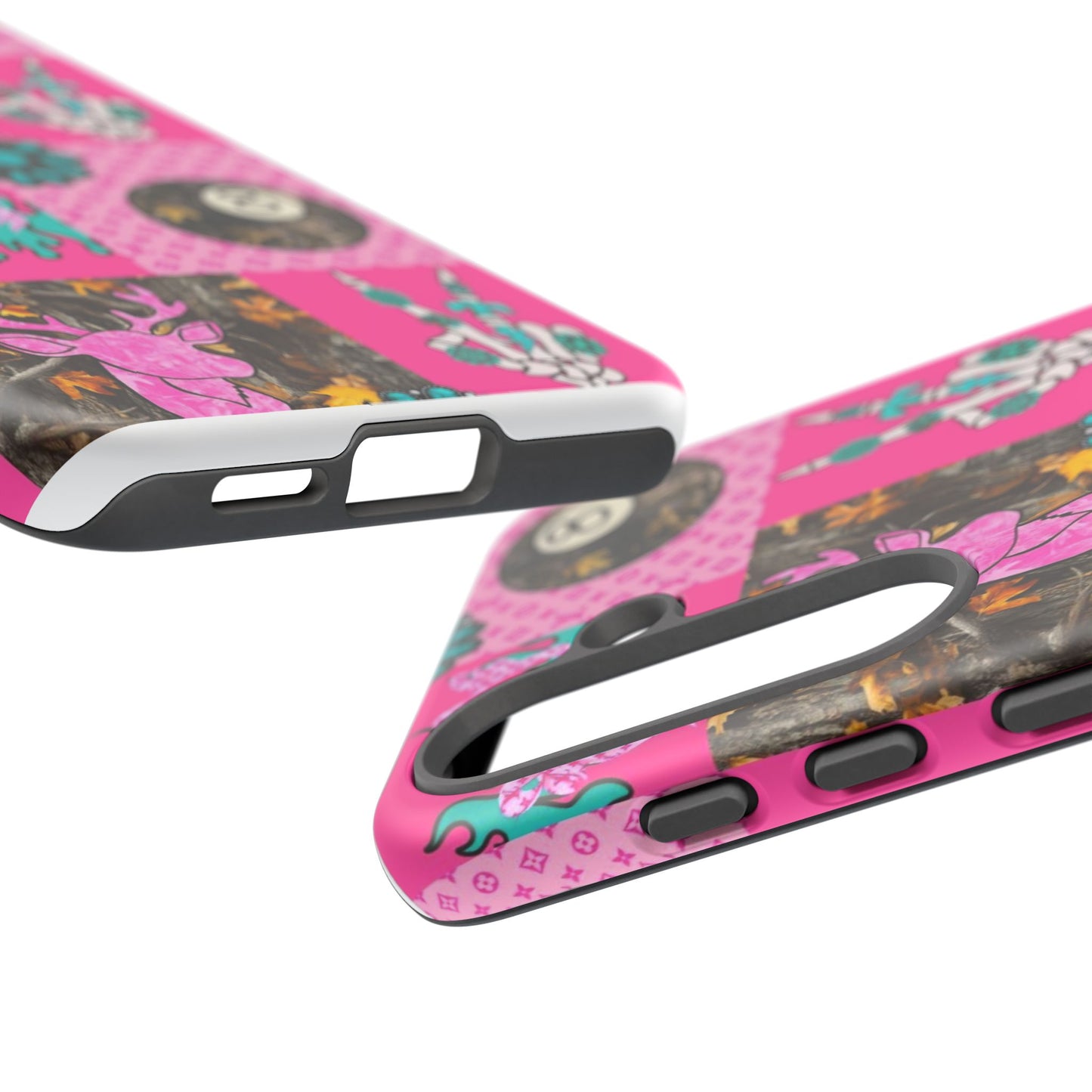 Pink Country Patchwork Phone Case – Billiard 8-Ball, Deer & Skeleton Hand Design