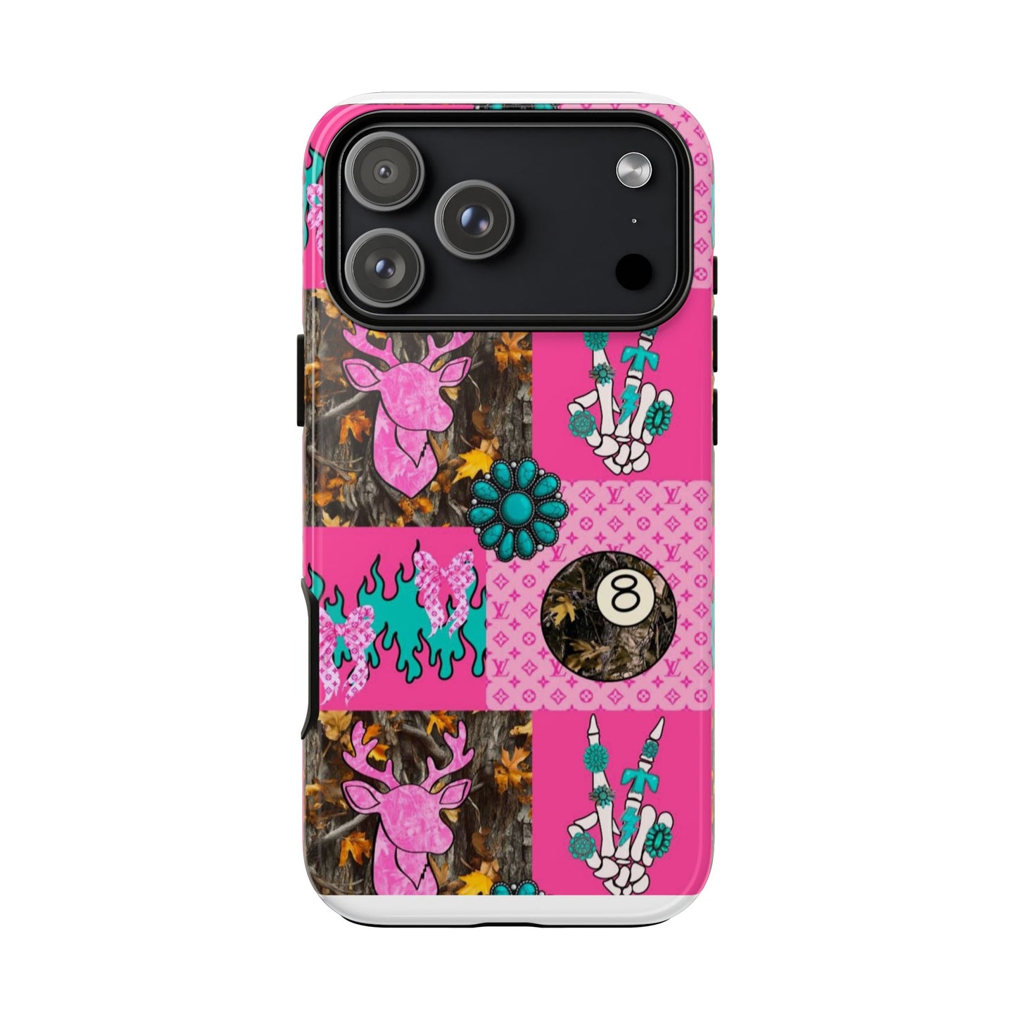 Pink Country Patchwork Phone Case – Billiard 8-Ball, Deer & Skeleton Hand Design