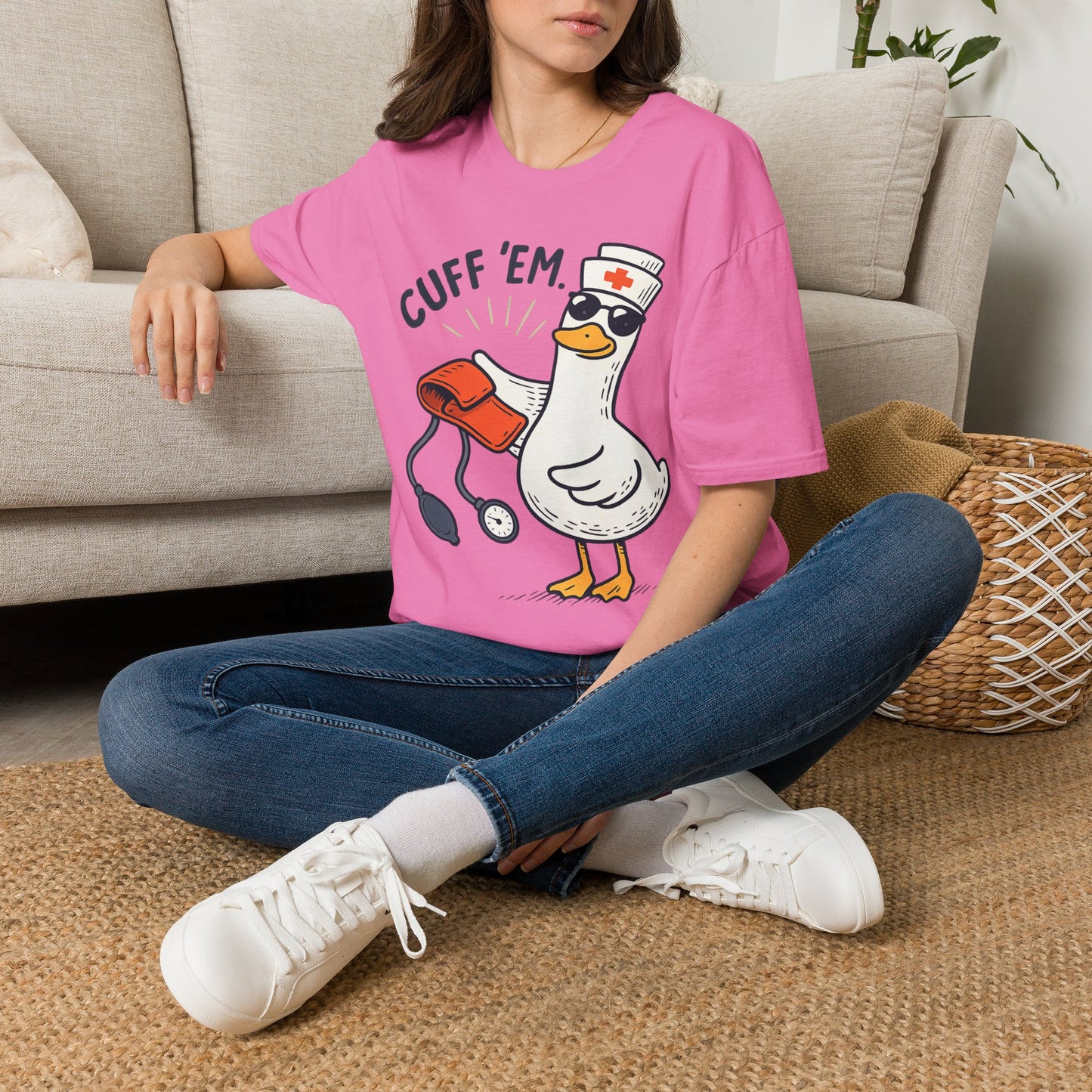 Nurse Goose "Cuff 'Em" T-Shirt — Funny Medical Humor Tee for Nurses & EMTs