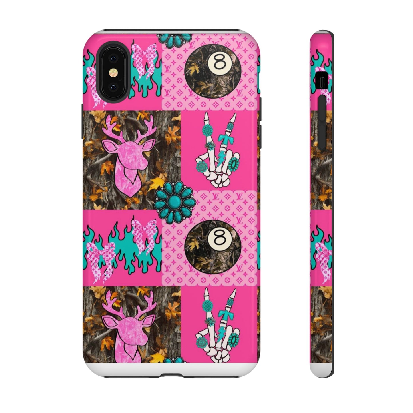 Pink Country Patchwork Phone Case – Billiard 8-Ball, Deer & Skeleton Hand Design