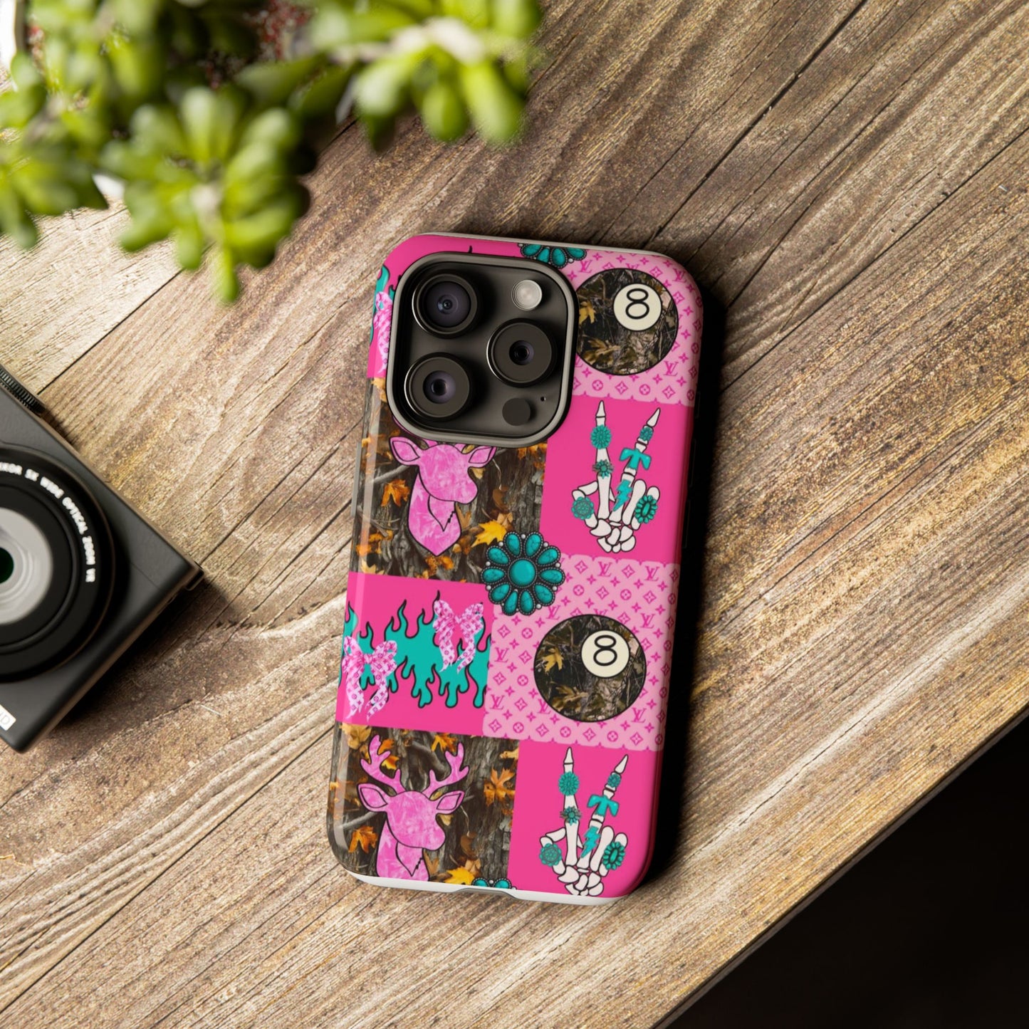 Pink Country Patchwork Phone Case – Billiard 8-Ball, Deer & Skeleton Hand Design