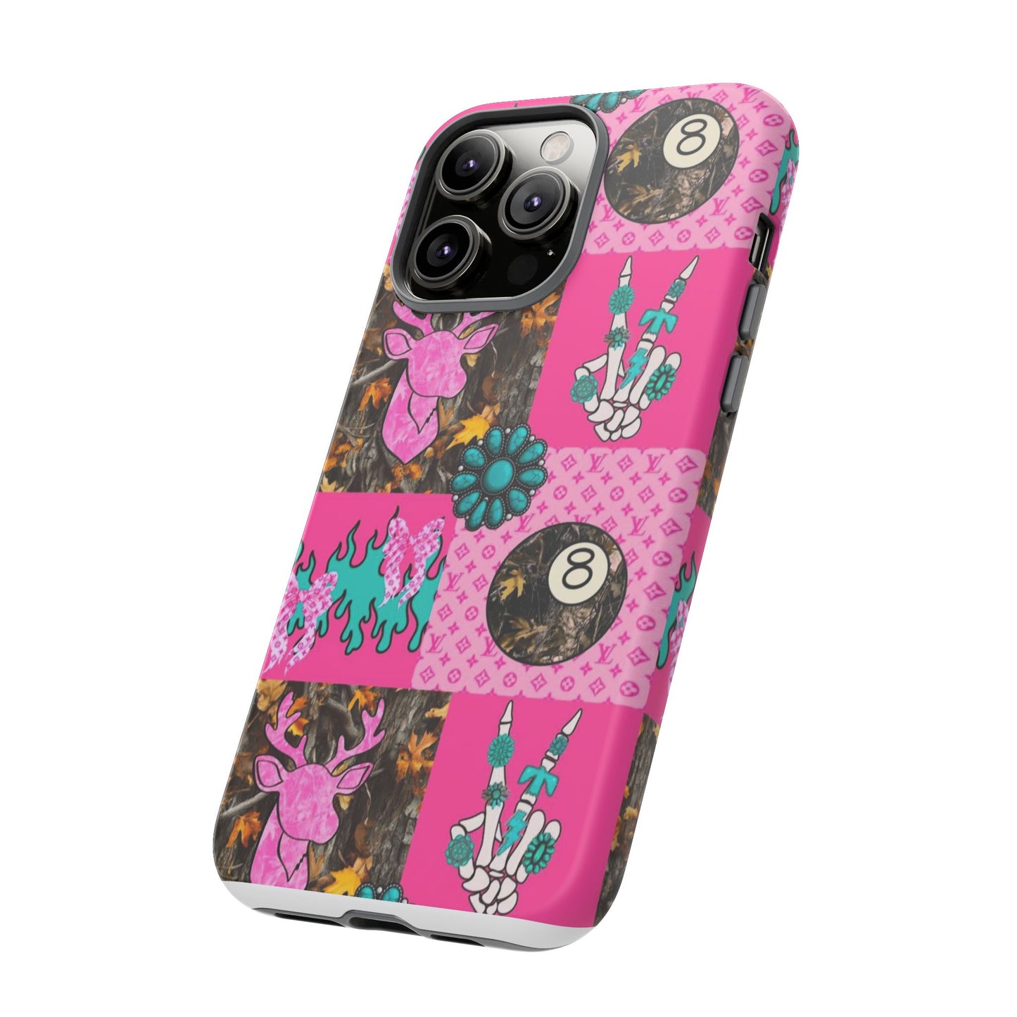 Pink Country Patchwork Phone Case – Billiard 8-Ball, Deer & Skeleton Hand Design