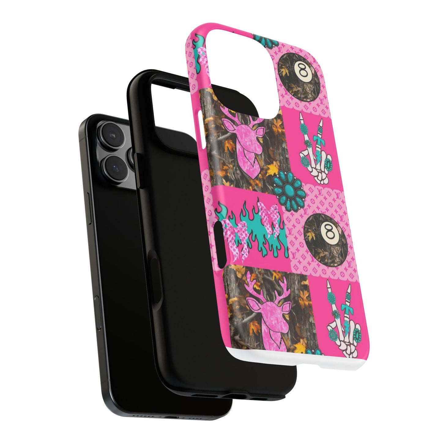 Pink Country Patchwork Phone Case – Billiard 8-Ball, Deer & Skeleton Hand Design