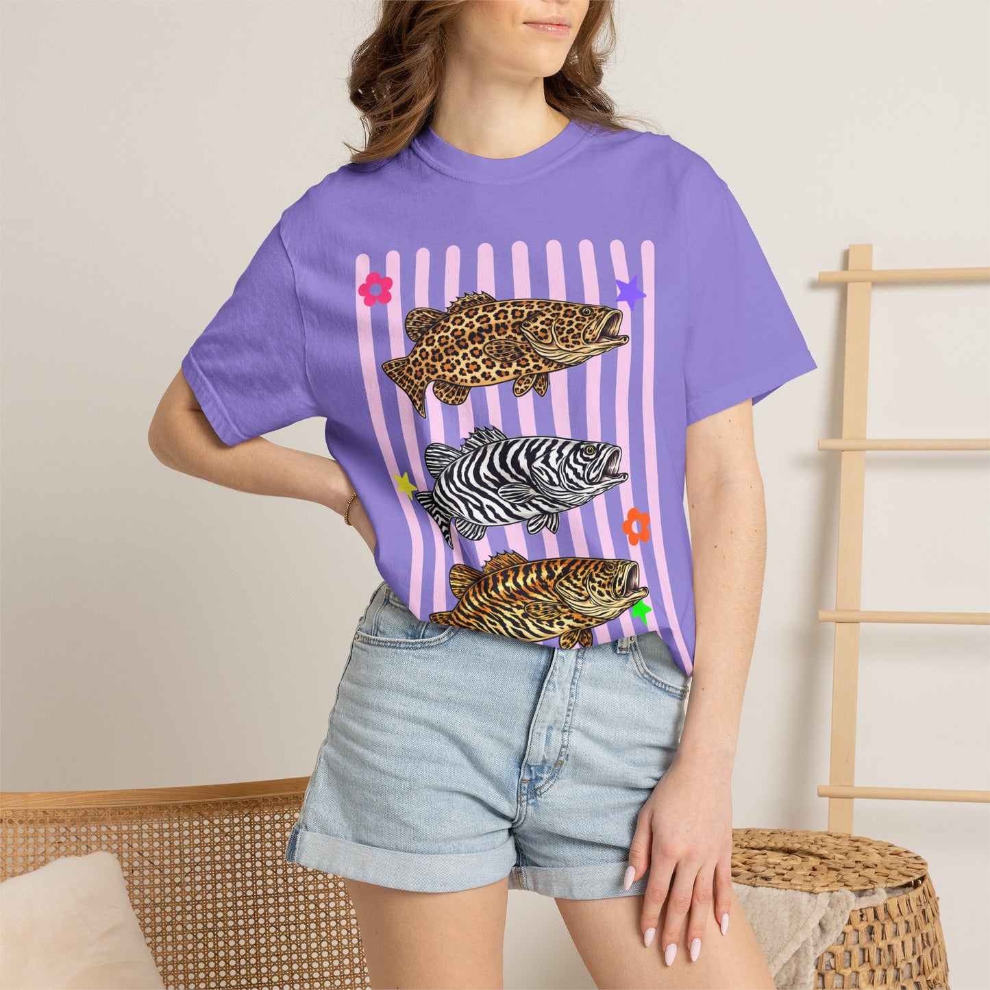 Leopard, Zebra & Tiger Fish Graphic T-Shirt — Cute Floral Striped Animal Print Tee