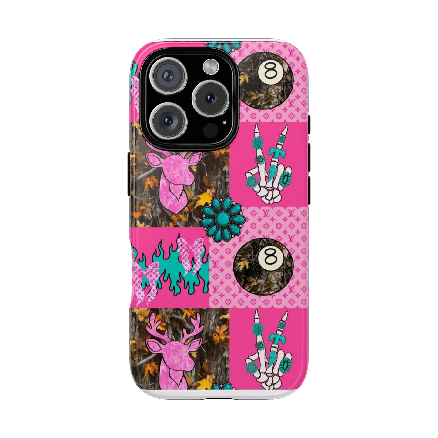 Pink Country Patchwork Phone Case – Billiard 8-Ball, Deer & Skeleton Hand Design