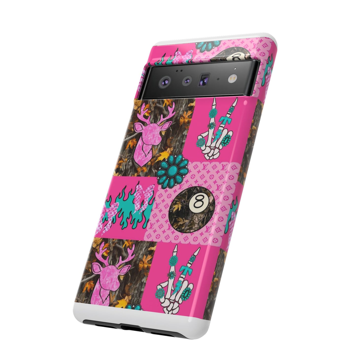 Pink Country Patchwork Phone Case – Billiard 8-Ball, Deer & Skeleton Hand Design