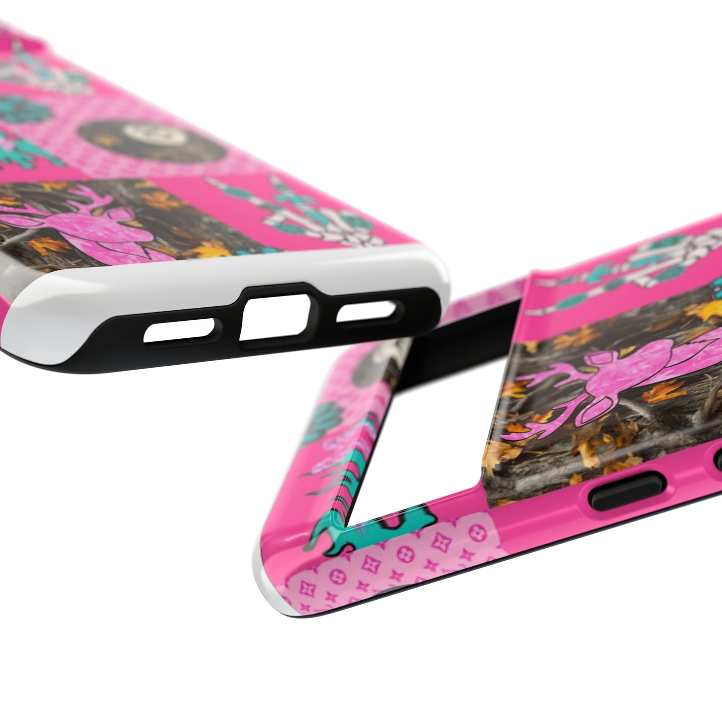 Pink Country Patchwork Phone Case – Billiard 8-Ball, Deer & Skeleton Hand Design