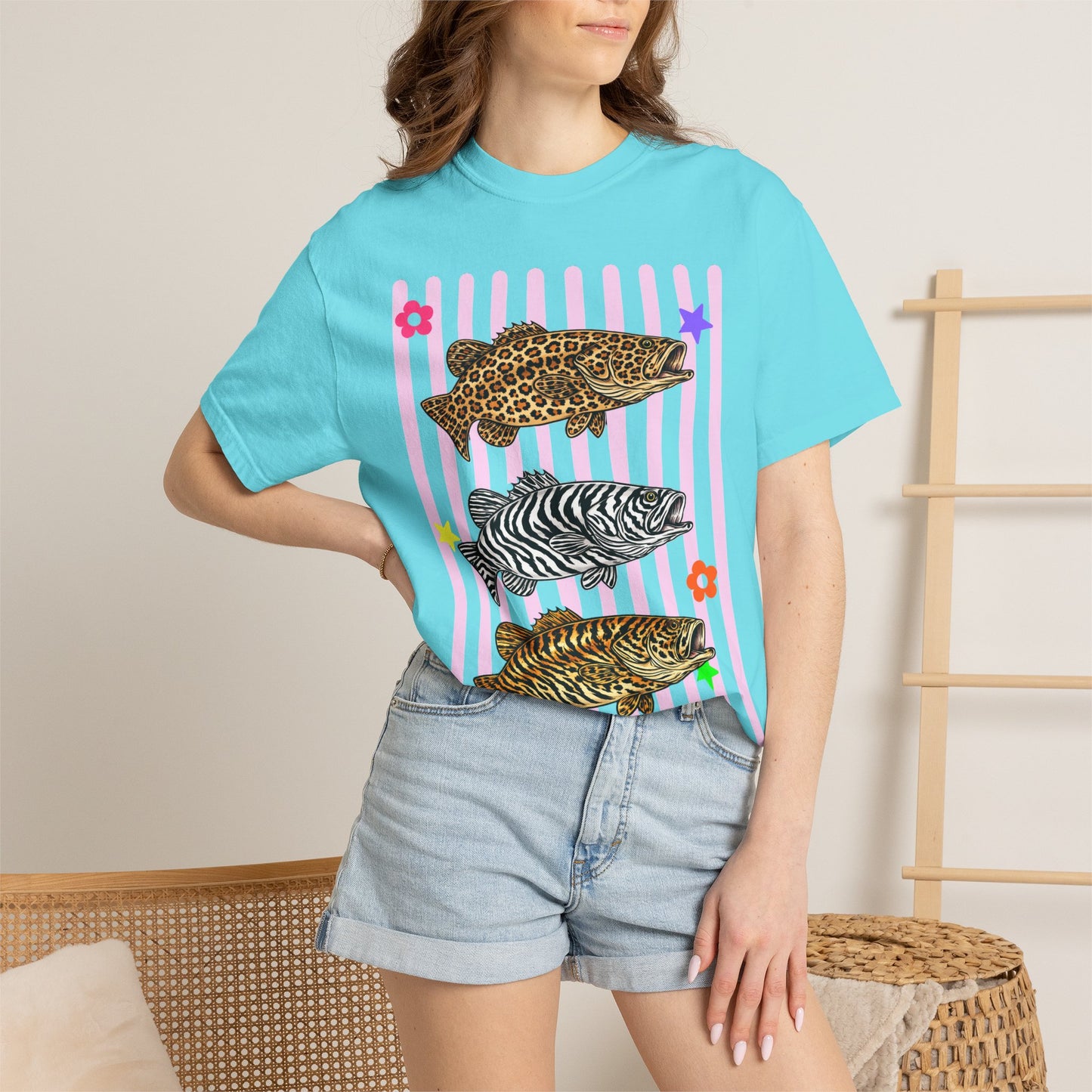 Leopard, Zebra & Tiger Fish Graphic T-Shirt — Cute Floral Striped Animal Print Tee