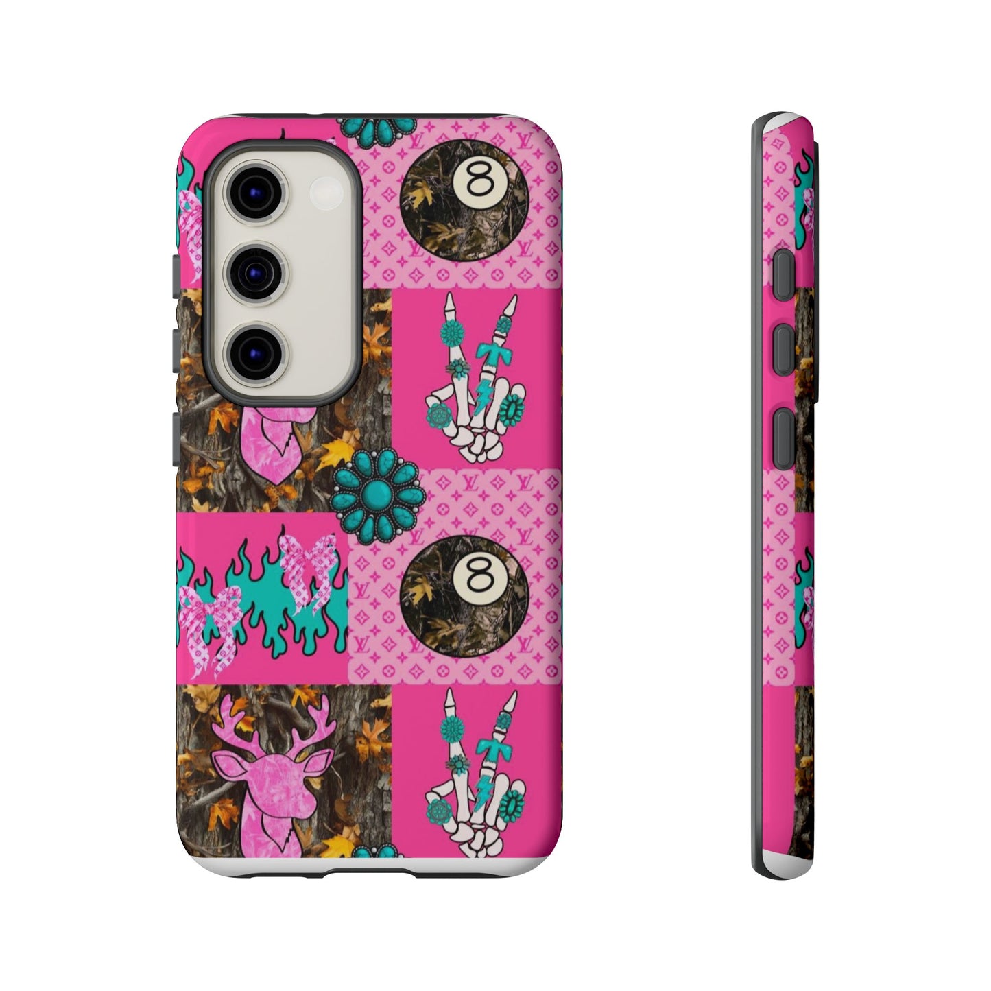 Pink Country Patchwork Phone Case – Billiard 8-Ball, Deer & Skeleton Hand Design