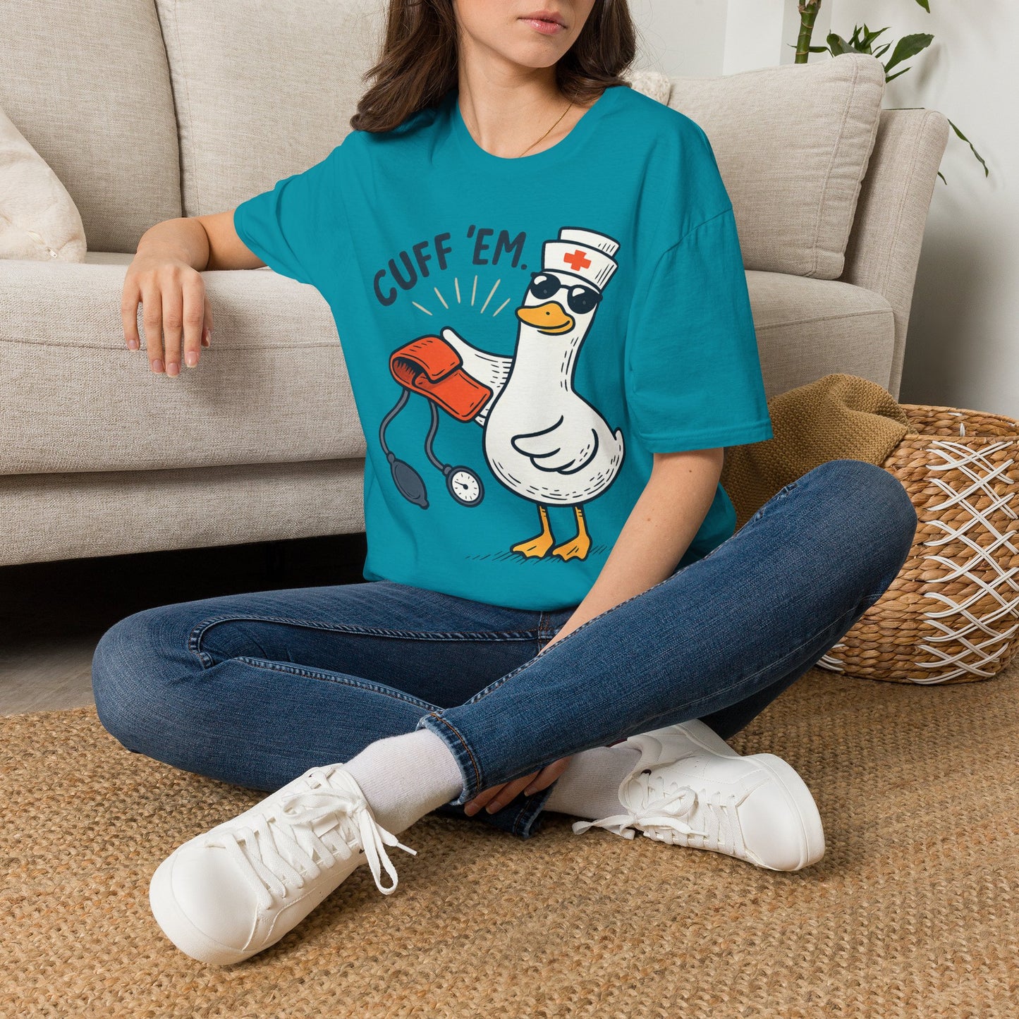 Nurse Goose "Cuff 'Em" T-Shirt — Funny Medical Humor Tee for Nurses & EMTs