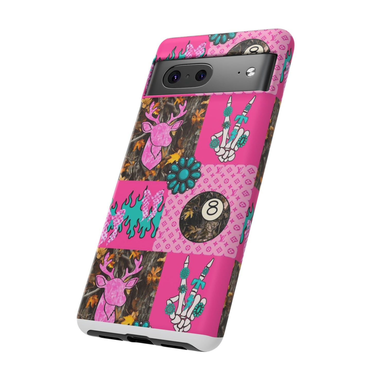 Pink Country Patchwork Phone Case – Billiard 8-Ball, Deer & Skeleton Hand Design