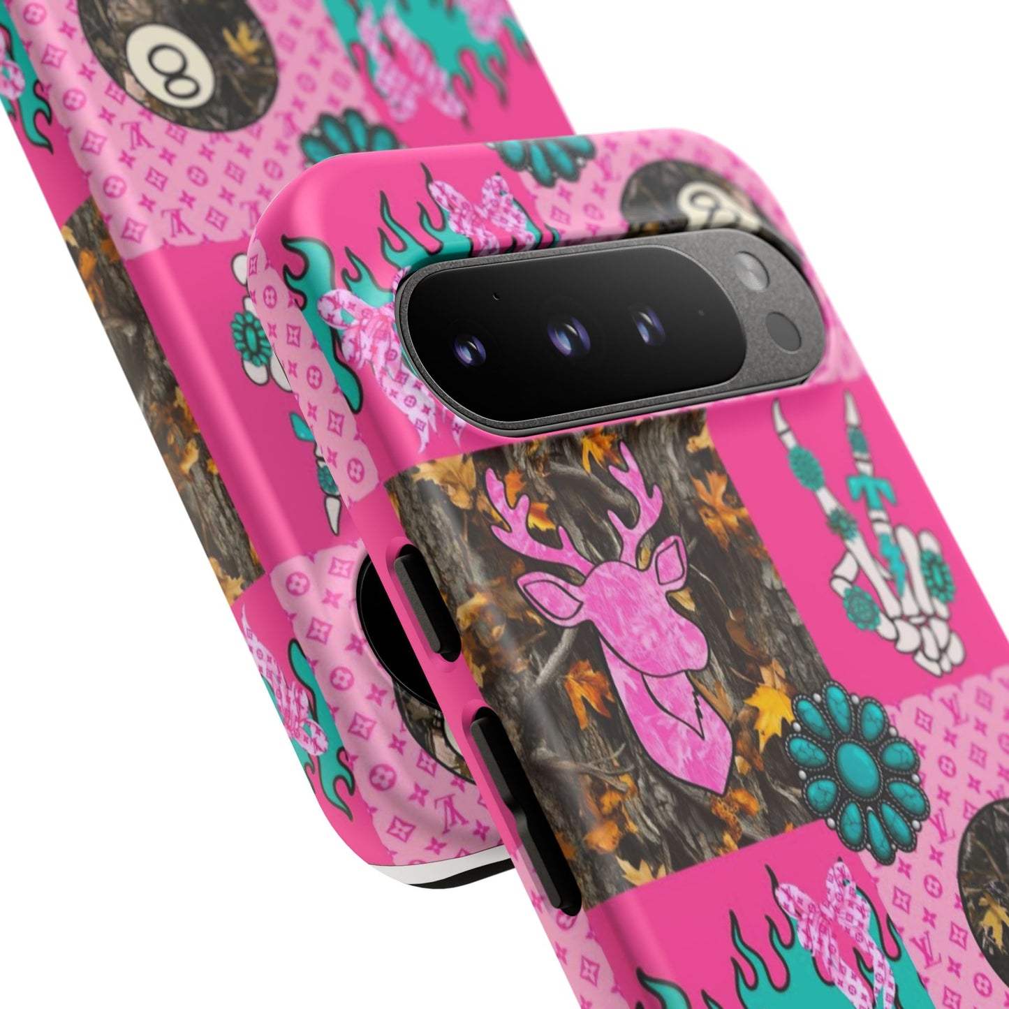 Pink Country Patchwork Phone Case – Billiard 8-Ball, Deer & Skeleton Hand Design