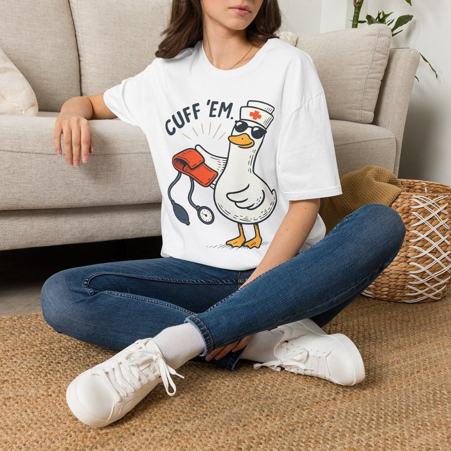 Nurse Goose "Cuff 'Em" T-Shirt — Funny Medical Humor Tee for Nurses & EMTs