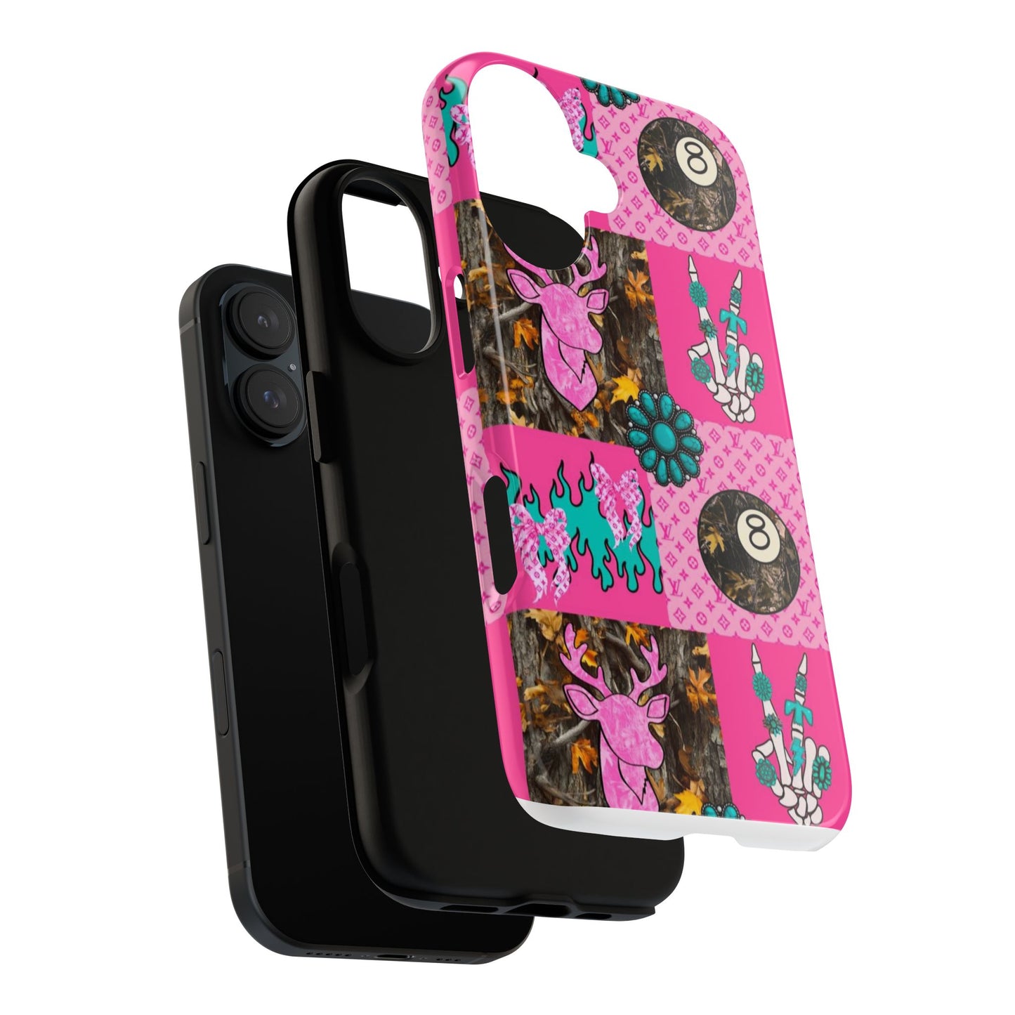 Pink Country Patchwork Phone Case – Billiard 8-Ball, Deer & Skeleton Hand Design