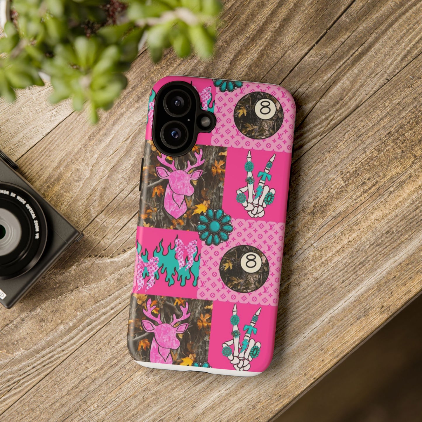 Pink Country Patchwork Phone Case – Billiard 8-Ball, Deer & Skeleton Hand Design