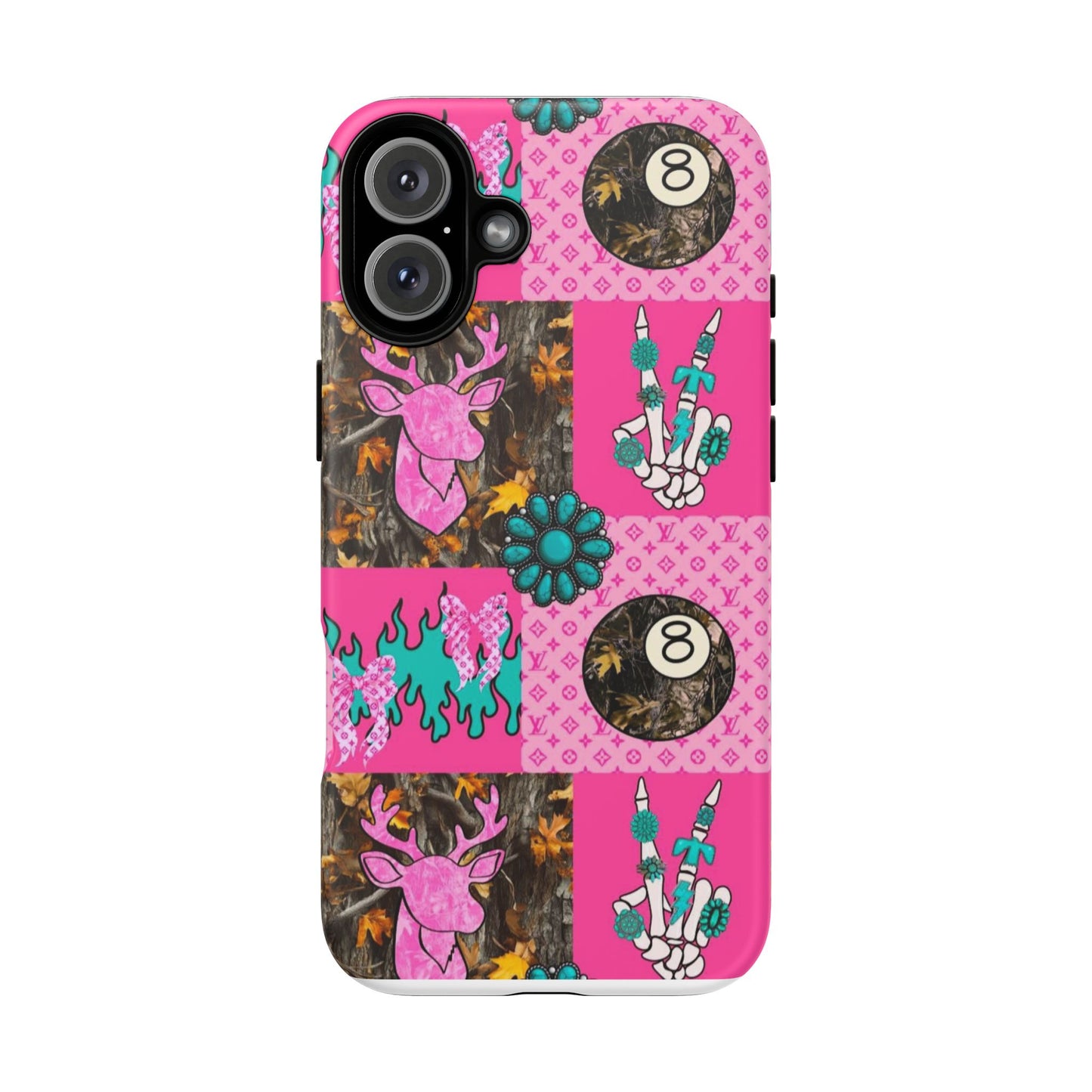 Pink Country Patchwork Phone Case – Billiard 8-Ball, Deer & Skeleton Hand Design