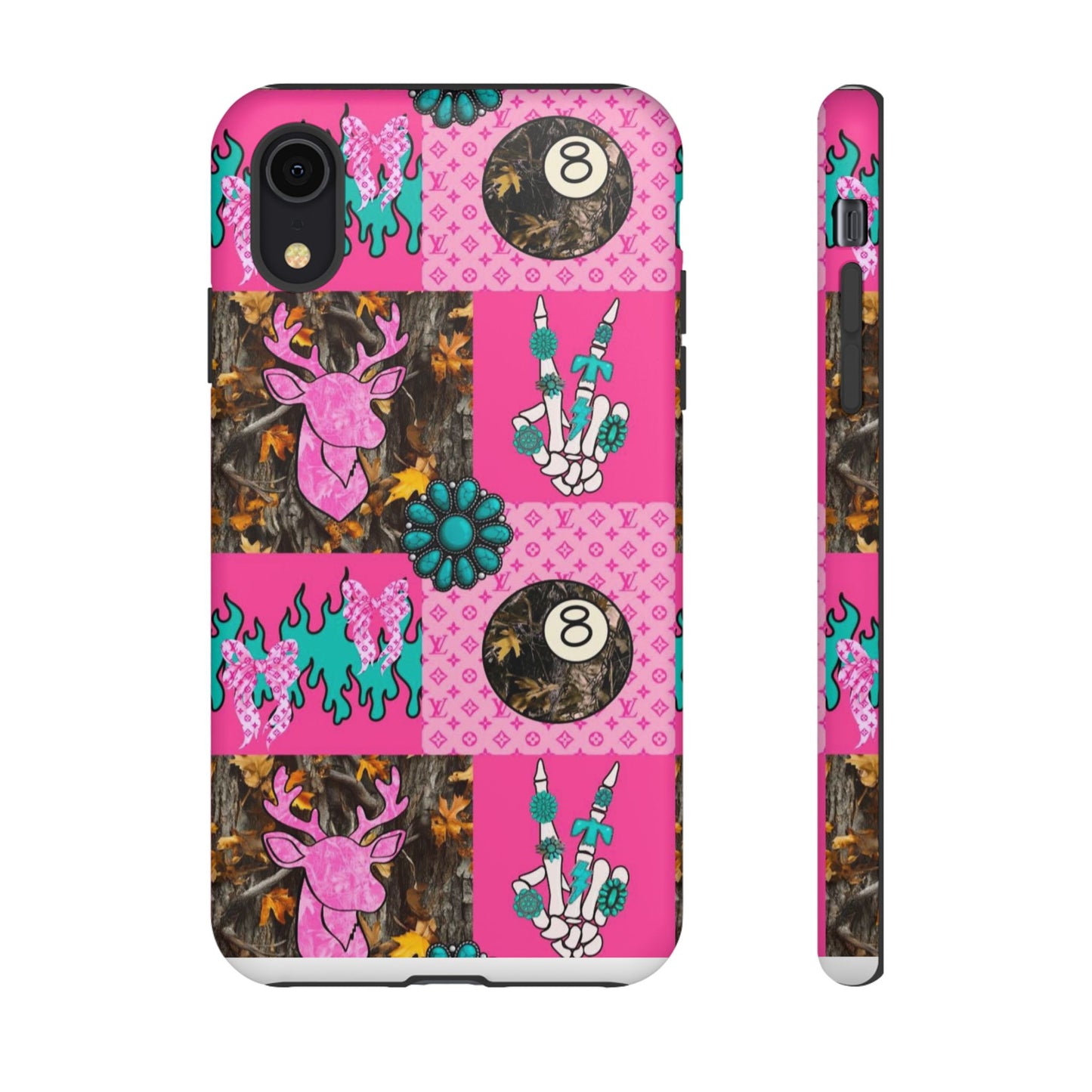 Pink Country Patchwork Phone Case – Billiard 8-Ball, Deer & Skeleton Hand Design