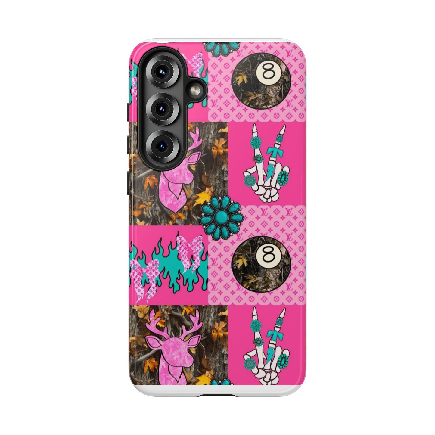Pink Country Patchwork Phone Case – Billiard 8-Ball, Deer & Skeleton Hand Design