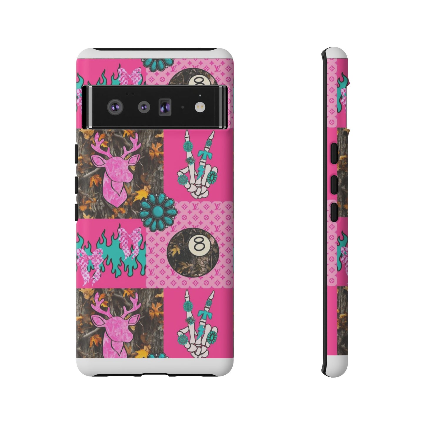 Pink Country Patchwork Phone Case – Billiard 8-Ball, Deer & Skeleton Hand Design