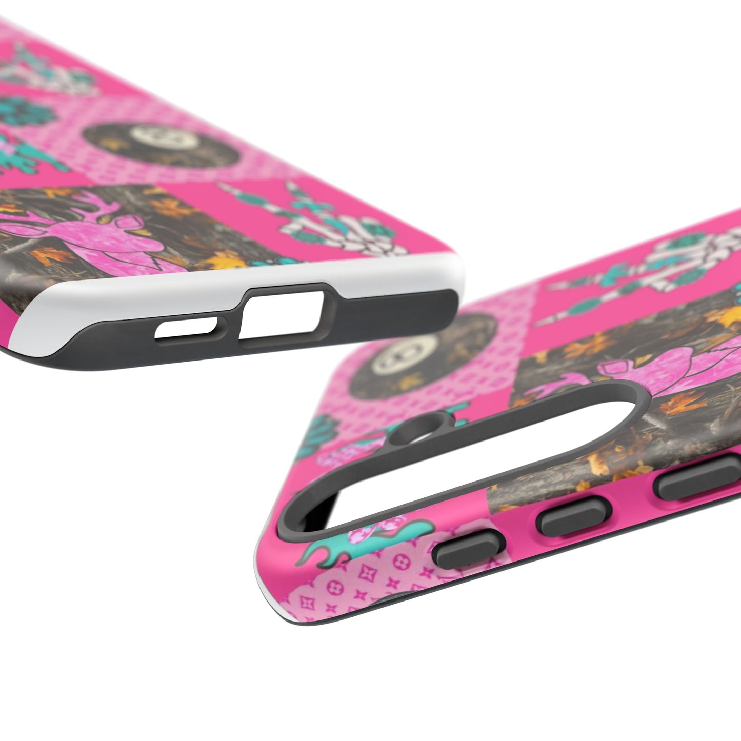 Pink Country Patchwork Phone Case – Billiard 8-Ball, Deer & Skeleton Hand Design