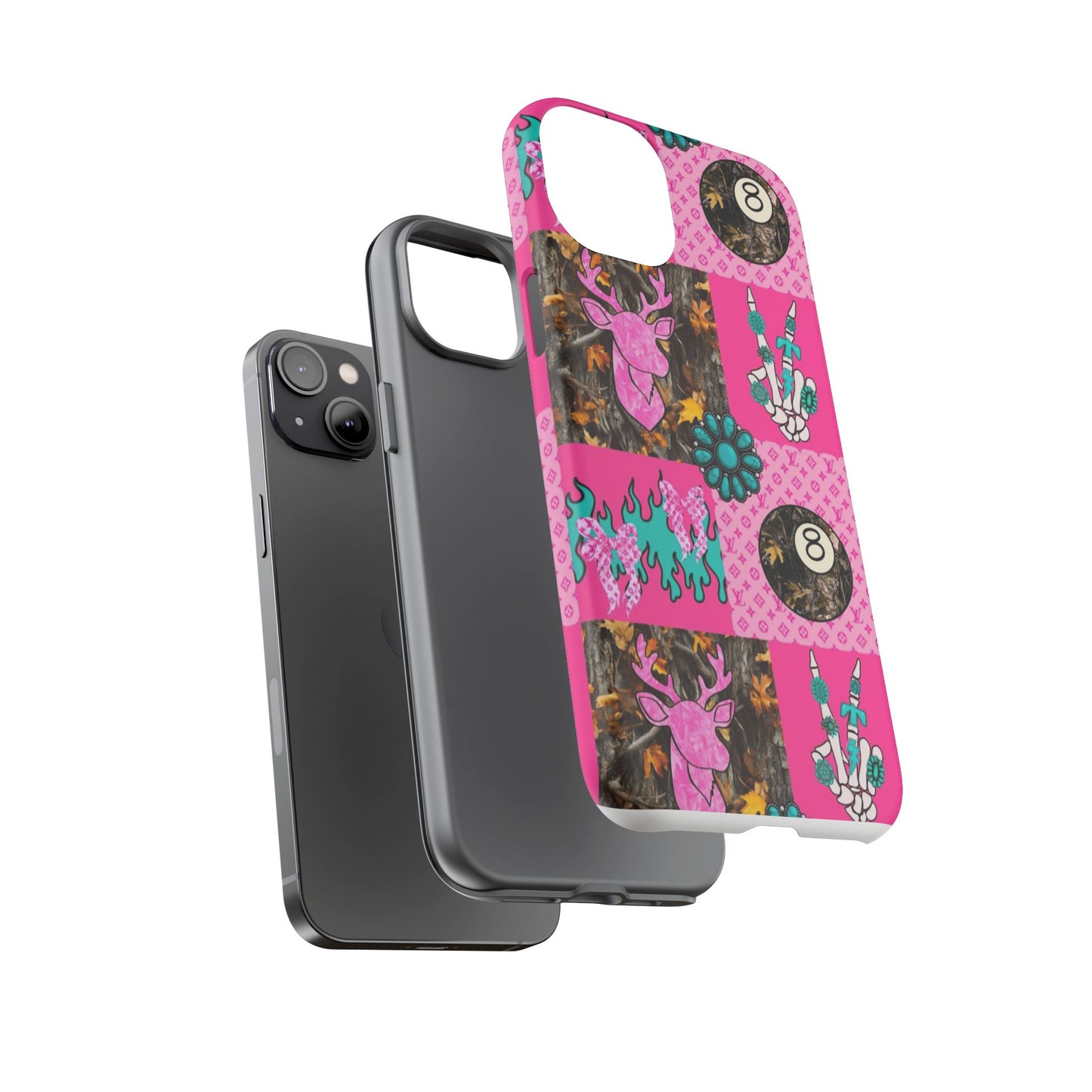 Pink Country Patchwork Phone Case – Billiard 8-Ball, Deer & Skeleton Hand Design