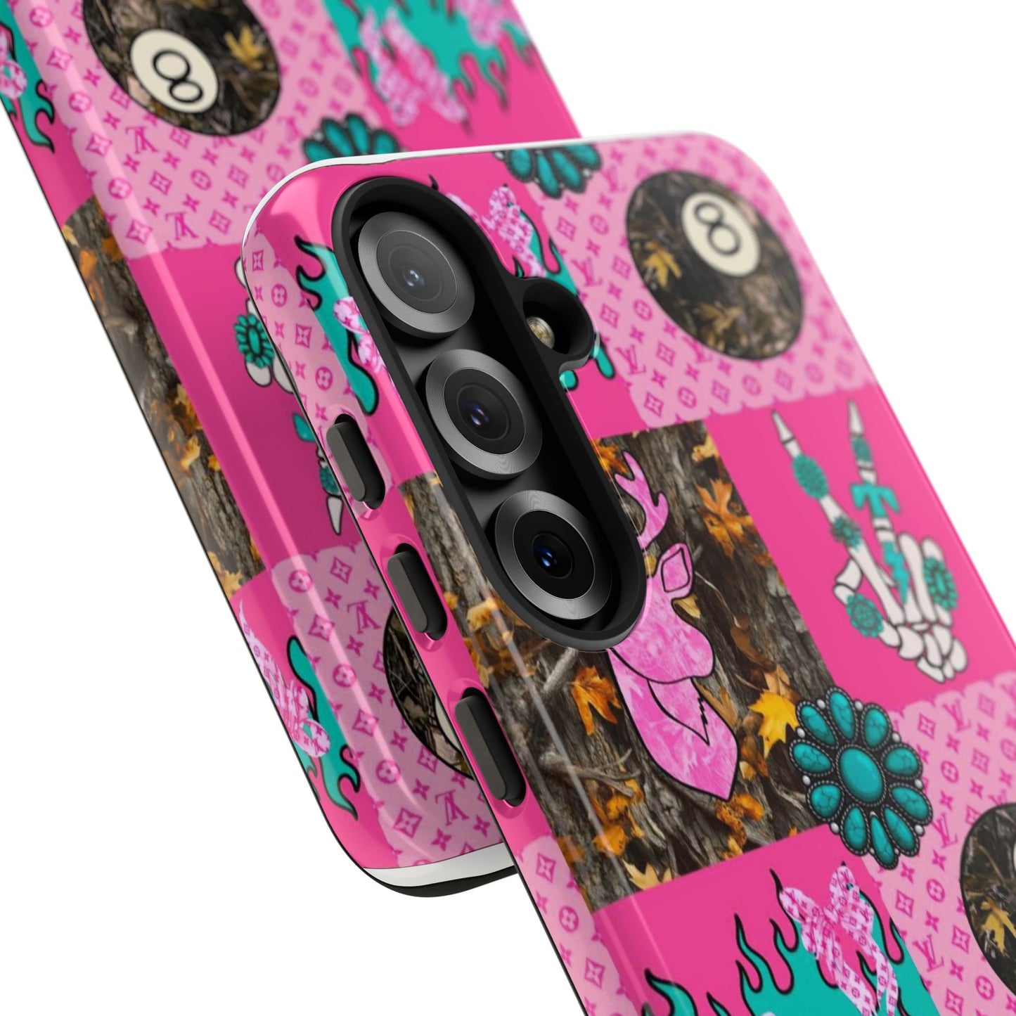 Pink Country Patchwork Phone Case – Billiard 8-Ball, Deer & Skeleton Hand Design
