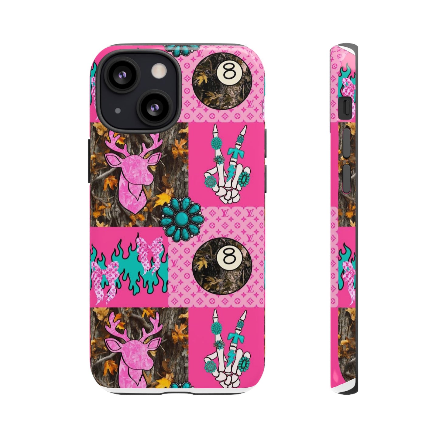 Pink Country Patchwork Phone Case – Billiard 8-Ball, Deer & Skeleton Hand Design