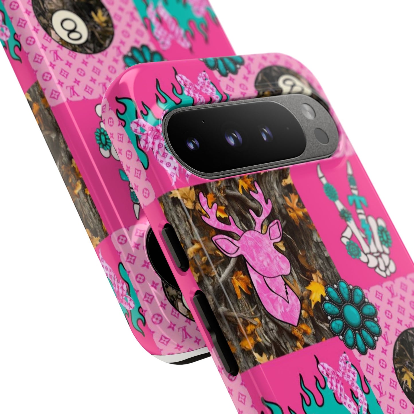 Pink Country Patchwork Phone Case – Billiard 8-Ball, Deer & Skeleton Hand Design