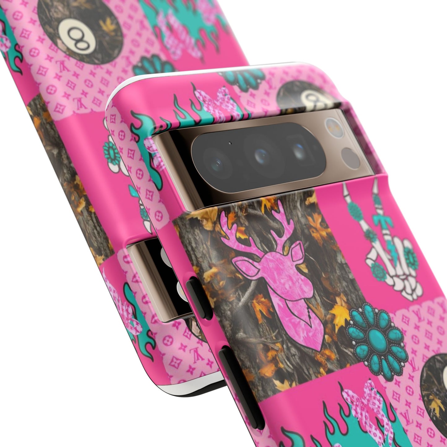Pink Country Patchwork Phone Case – Billiard 8-Ball, Deer & Skeleton Hand Design