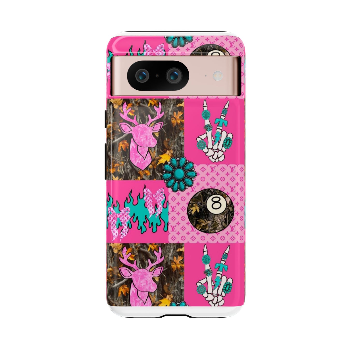 Pink Country Patchwork Phone Case – Billiard 8-Ball, Deer & Skeleton Hand Design