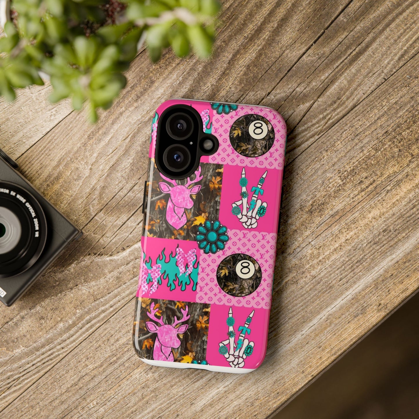 Pink Country Patchwork Phone Case – Billiard 8-Ball, Deer & Skeleton Hand Design