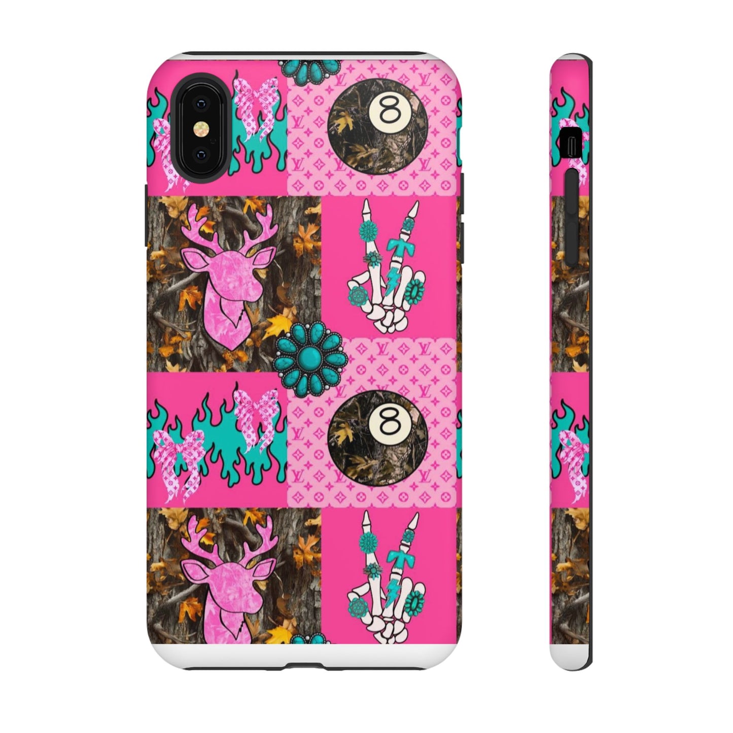 Pink Country Patchwork Phone Case – Billiard 8-Ball, Deer & Skeleton Hand Design