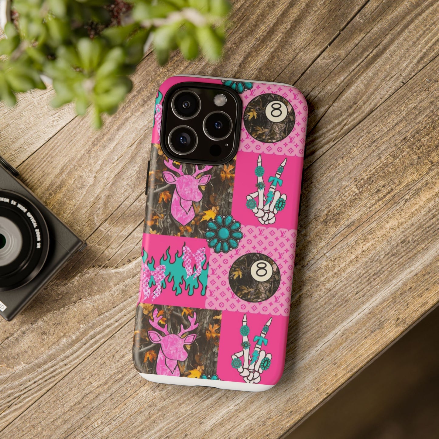Pink Country Patchwork Phone Case – Billiard 8-Ball, Deer & Skeleton Hand Design