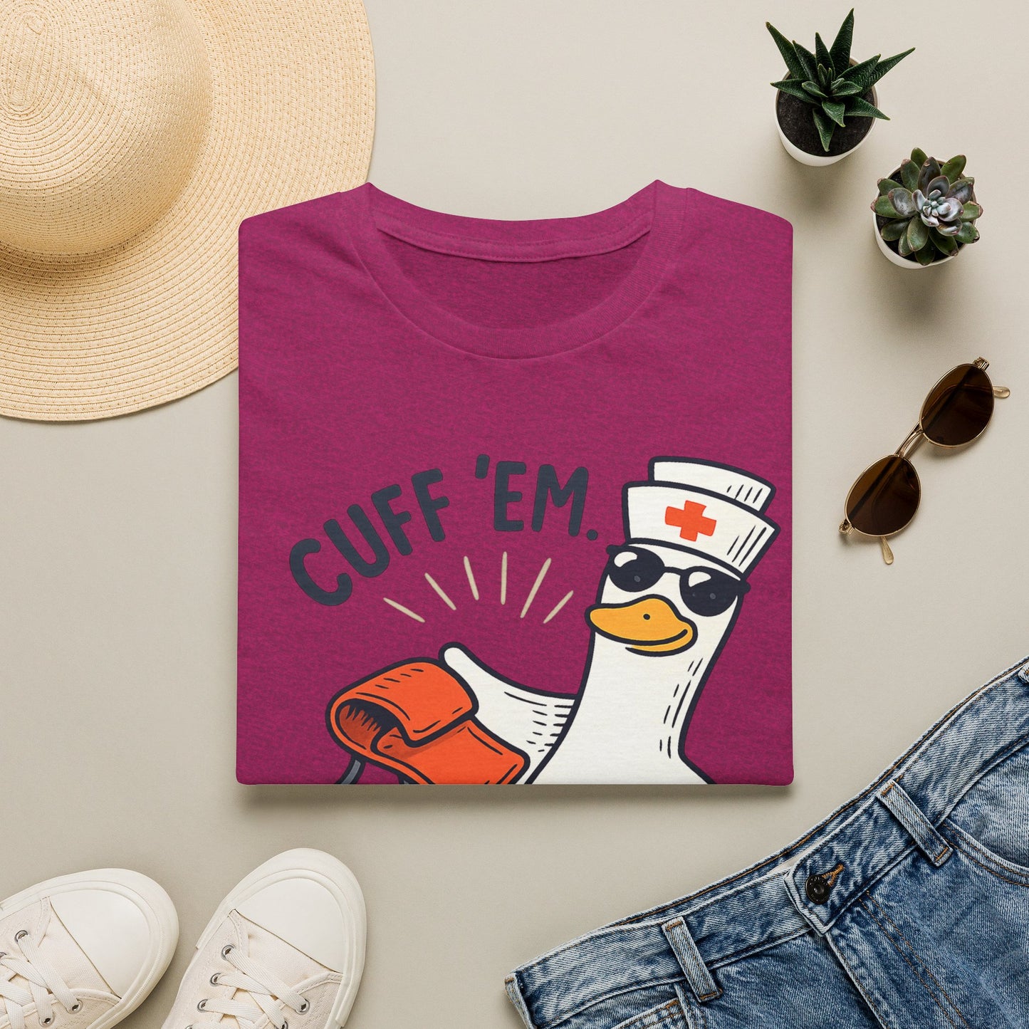 Nurse Goose "Cuff 'Em" T-Shirt — Funny Medical Humor Tee for Nurses & EMTs