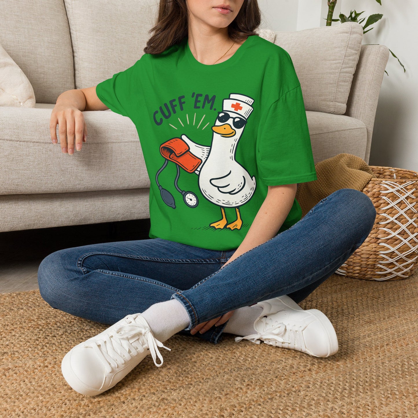 Nurse Goose "Cuff 'Em" T-Shirt — Funny Medical Humor Tee for Nurses & EMTs