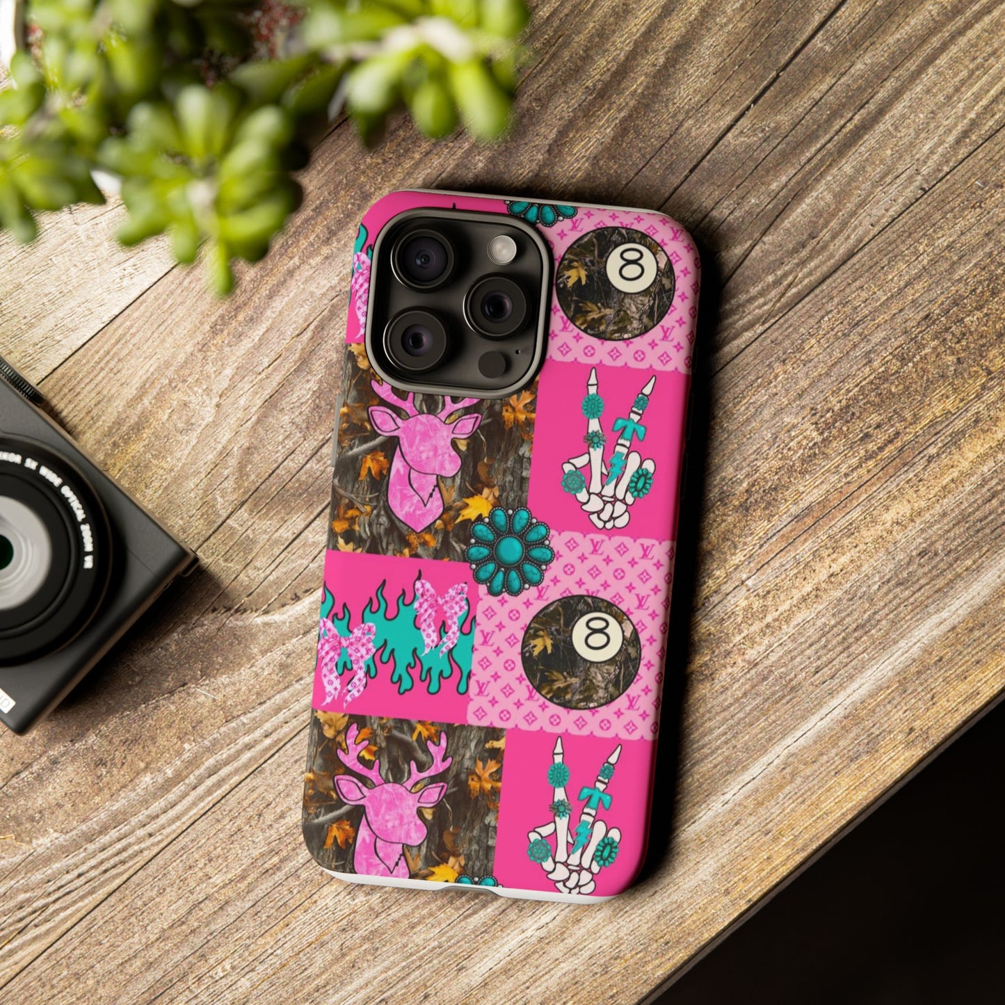 Pink Country Patchwork Phone Case – Billiard 8-Ball, Deer & Skeleton Hand Design