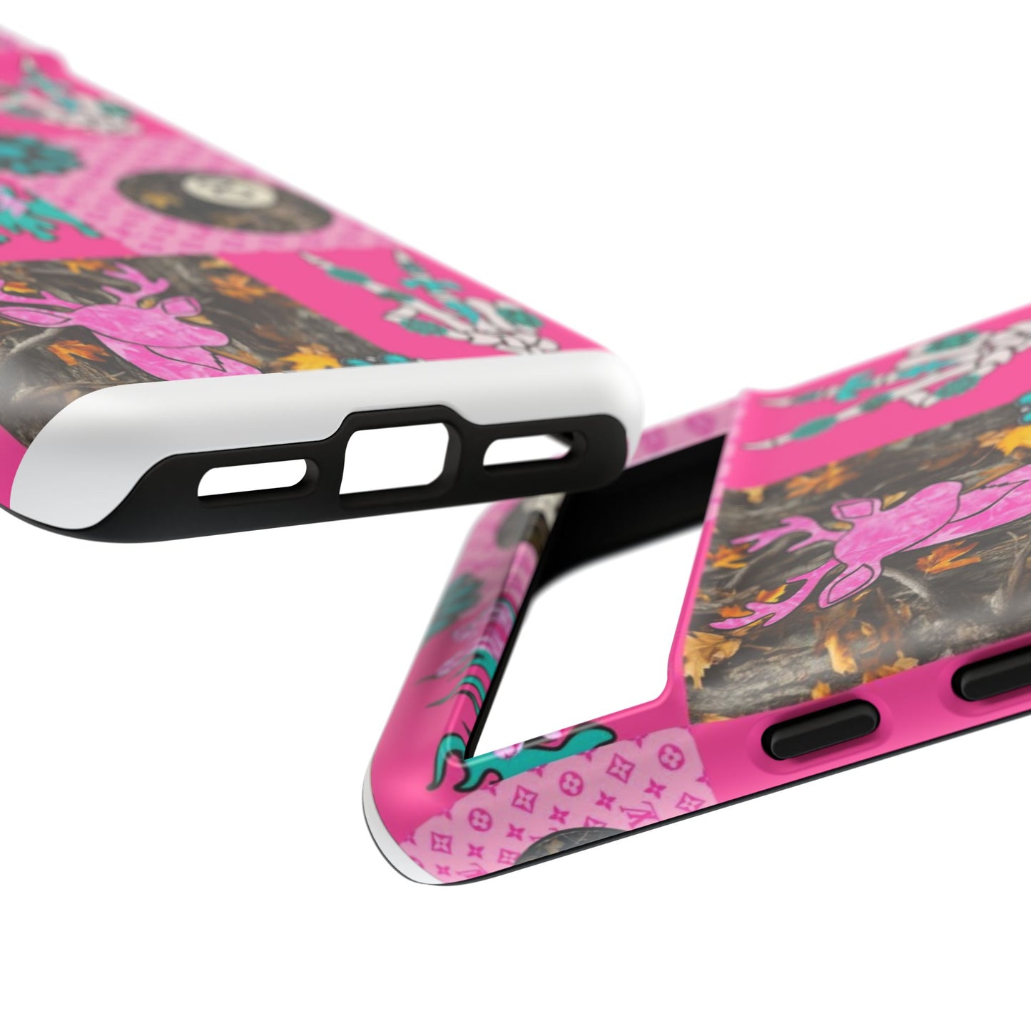 Pink Country Patchwork Phone Case – Billiard 8-Ball, Deer & Skeleton Hand Design