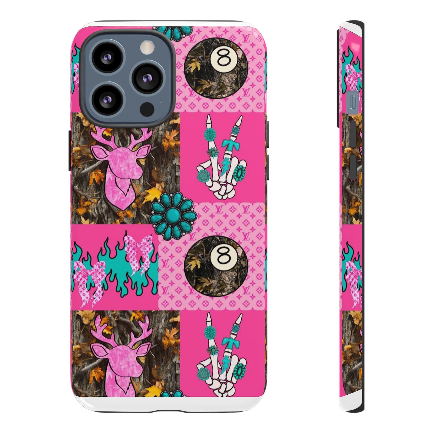 Pink Country Patchwork Phone Case – Billiard 8-Ball, Deer & Skeleton Hand Design