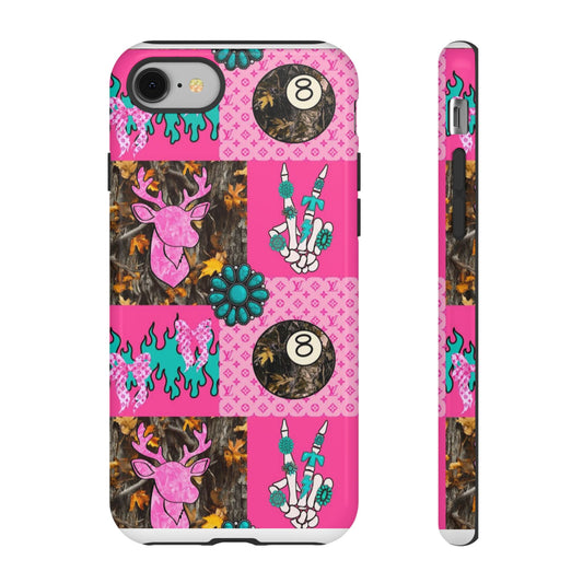 Pink Country Patchwork Phone Case – Billiard 8-Ball, Deer & Skeleton Hand Design
