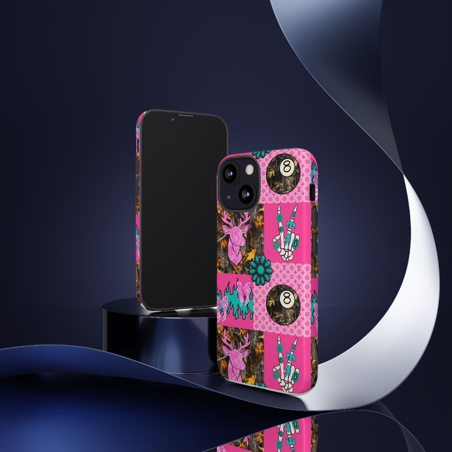 Pink Country Patchwork Phone Case – Billiard 8-Ball, Deer & Skeleton Hand Design