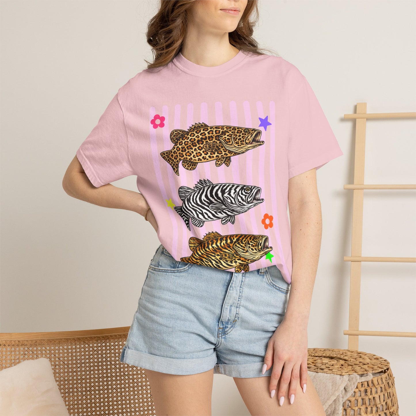 Leopard, Zebra & Tiger Fish Graphic T-Shirt — Cute Floral Striped Animal Print Tee