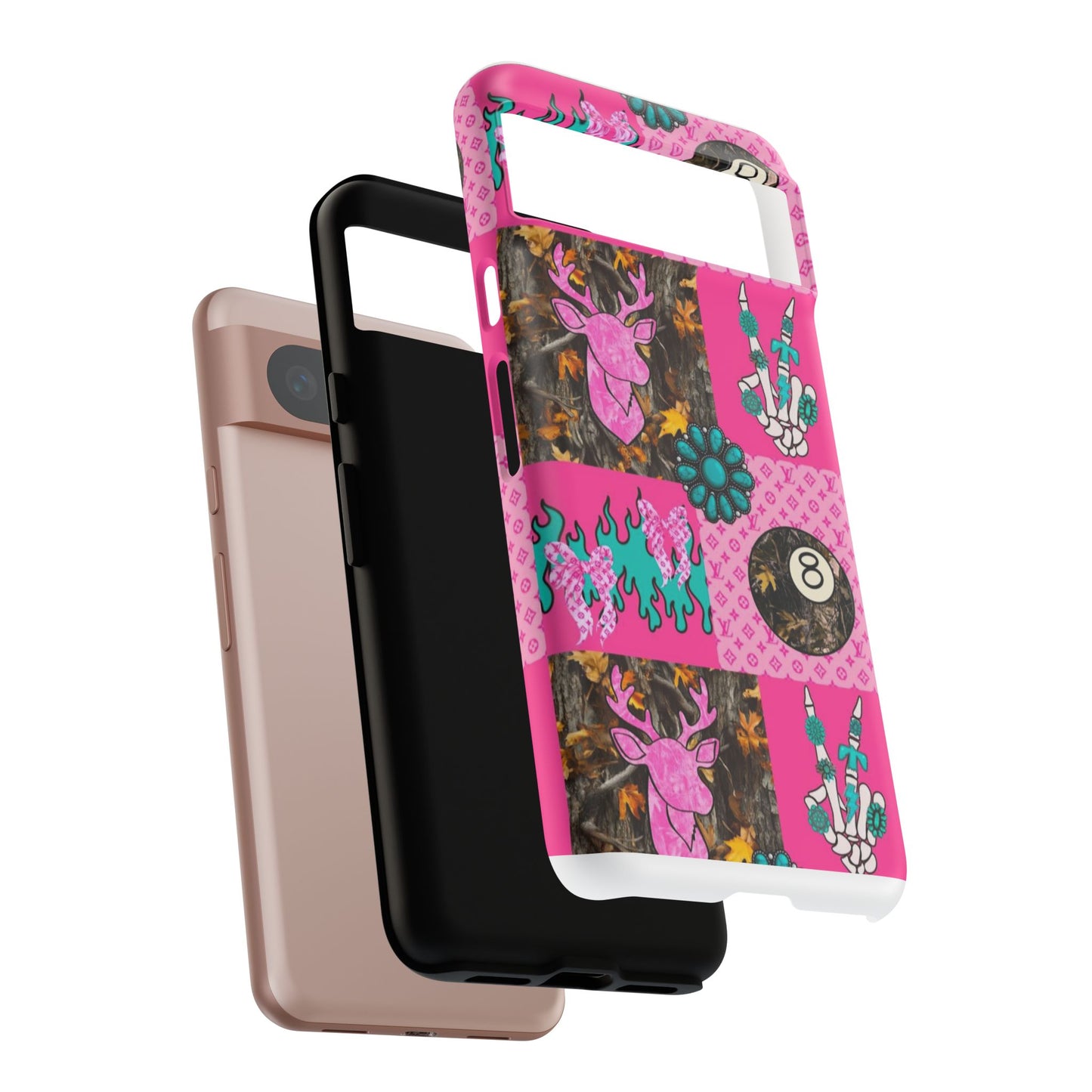 Pink Country Patchwork Phone Case – Billiard 8-Ball, Deer & Skeleton Hand Design