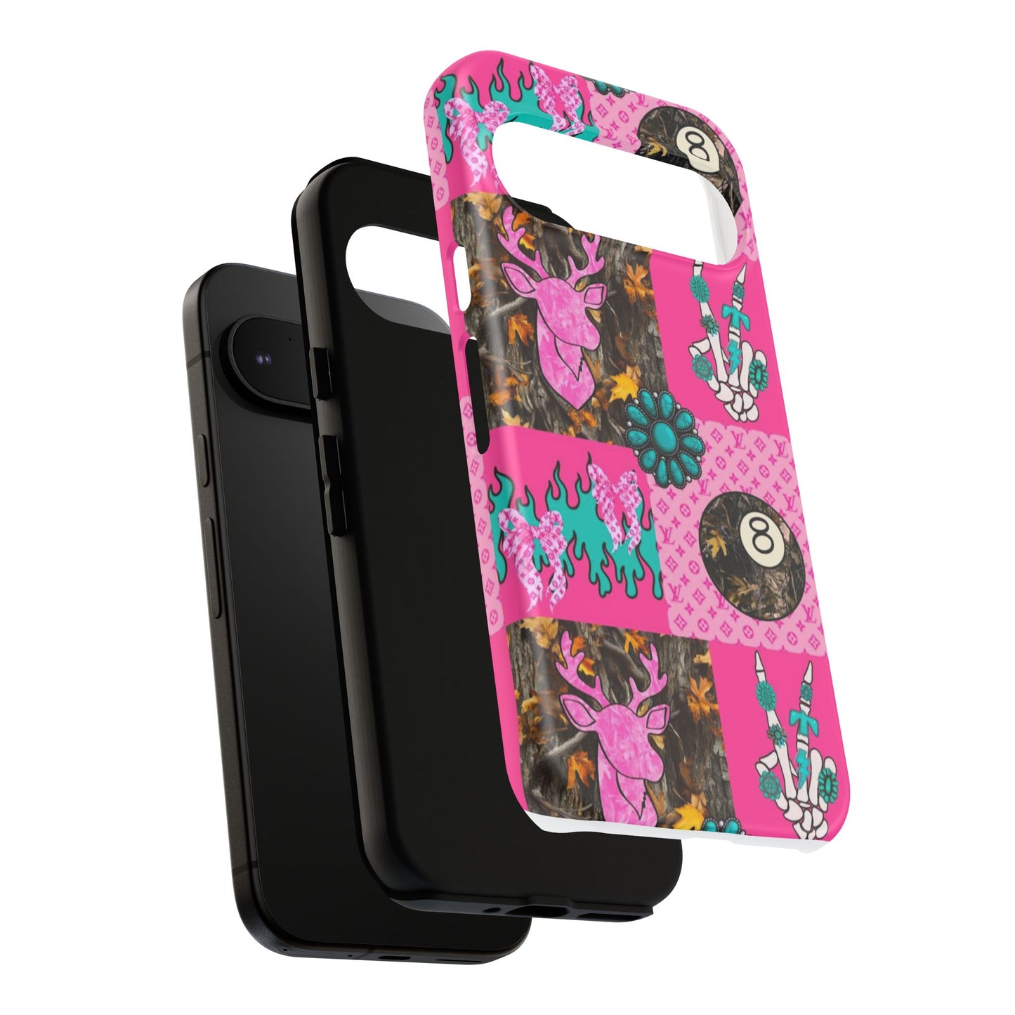 Pink Country Patchwork Phone Case – Billiard 8-Ball, Deer & Skeleton Hand Design