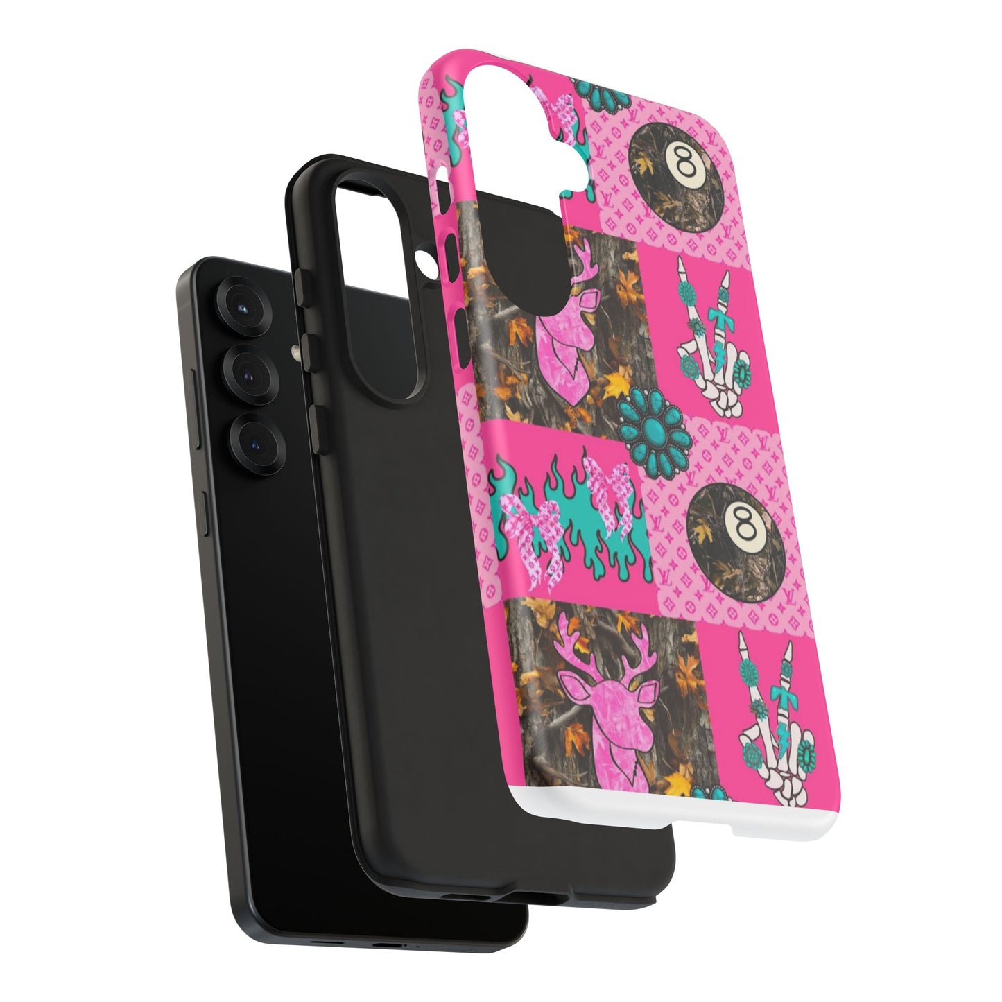 Pink Country Patchwork Phone Case – Billiard 8-Ball, Deer & Skeleton Hand Design