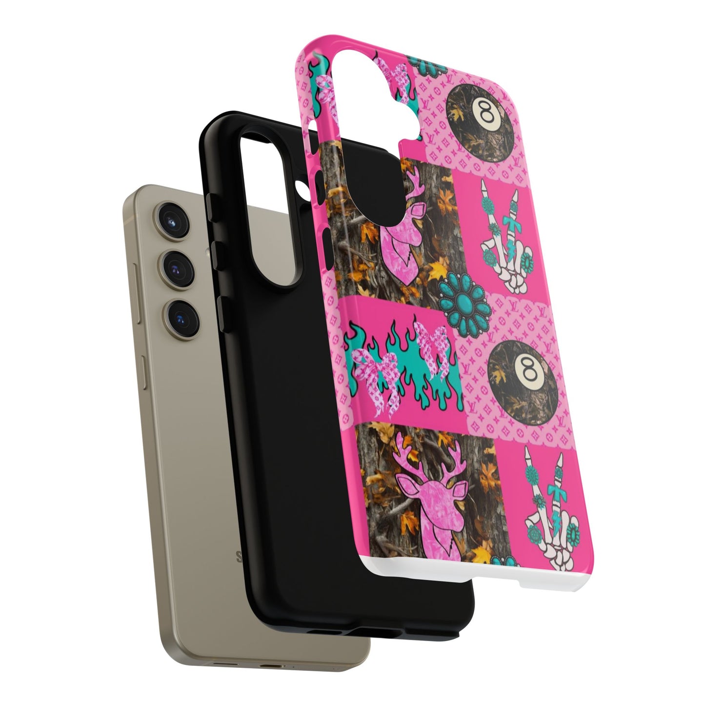 Pink Country Patchwork Phone Case – Billiard 8-Ball, Deer & Skeleton Hand Design