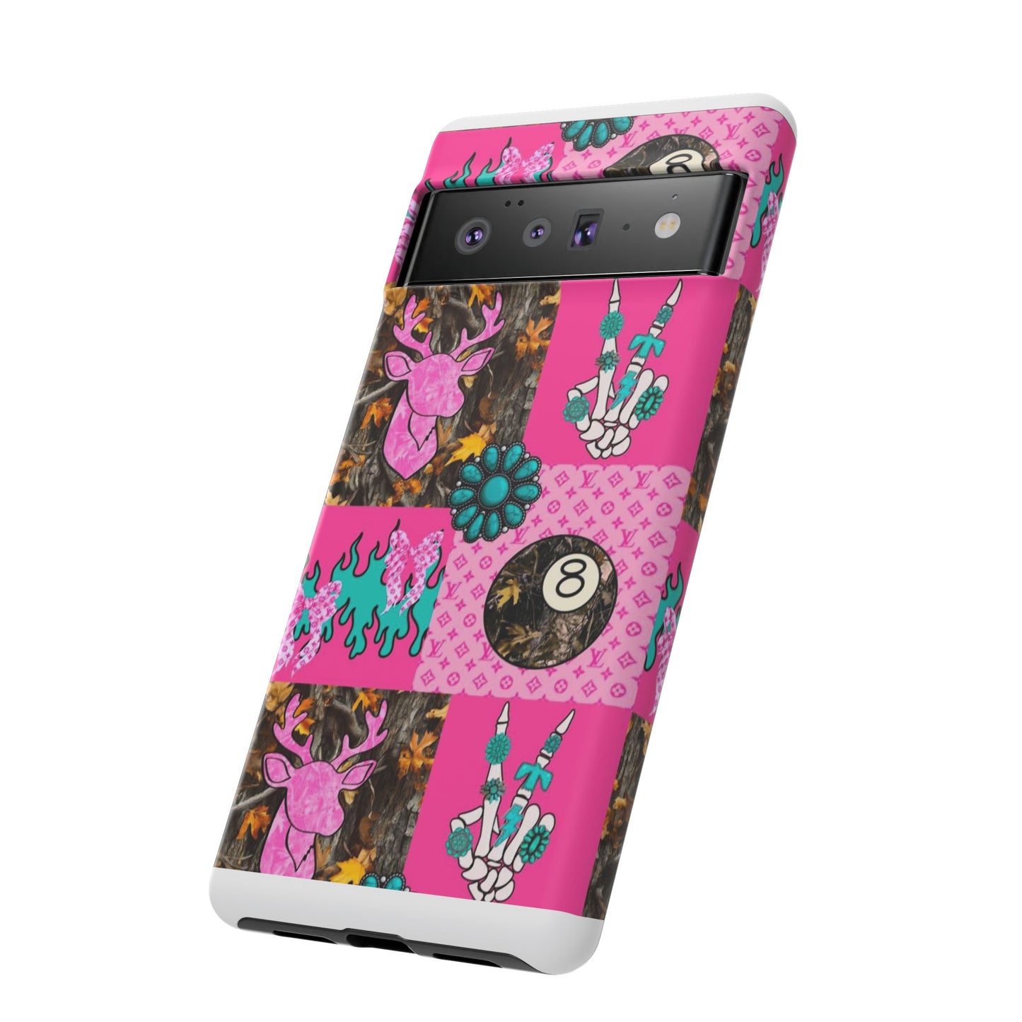 Pink Country Patchwork Phone Case – Billiard 8-Ball, Deer & Skeleton Hand Design