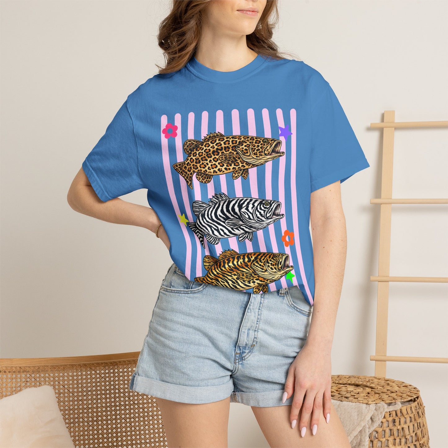Leopard, Zebra & Tiger Fish Graphic T-Shirt — Cute Floral Striped Animal Print Tee