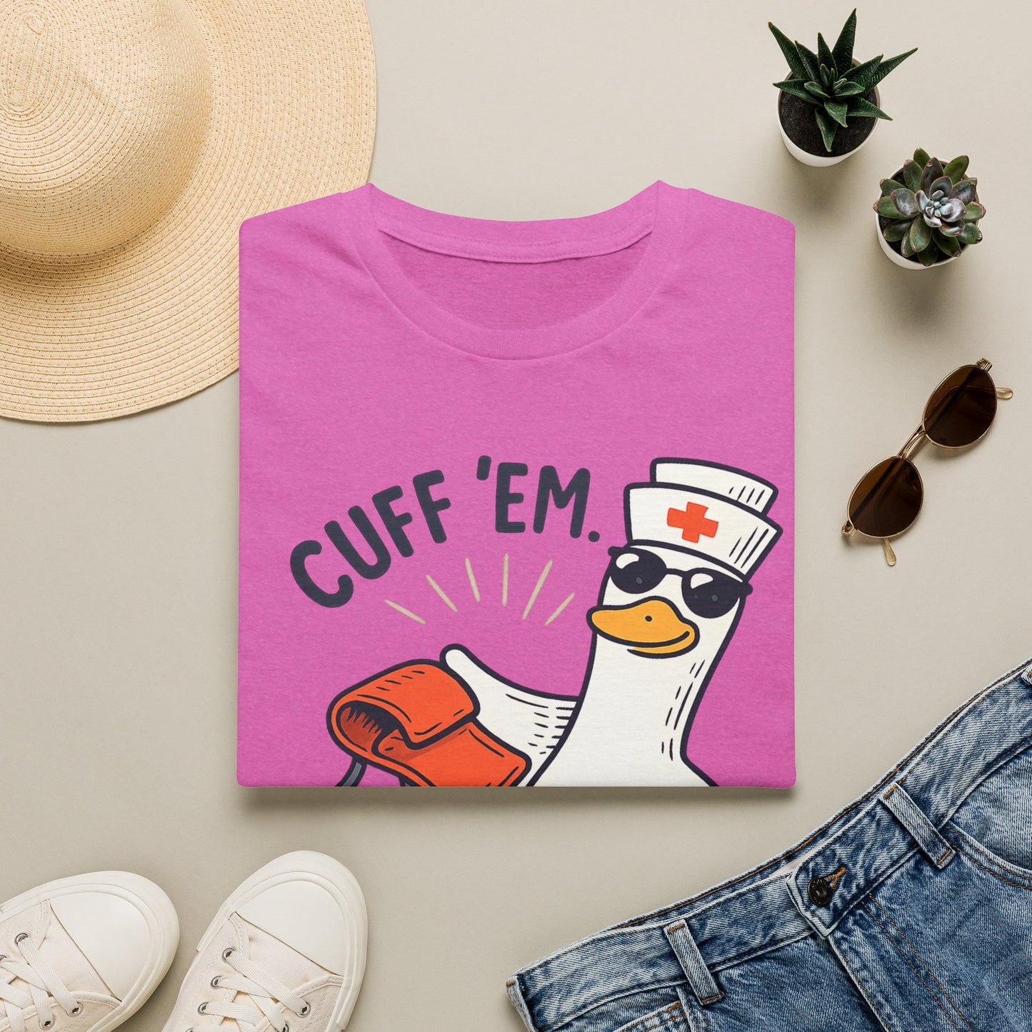 Nurse Goose "Cuff 'Em" T-Shirt — Funny Medical Humor Tee for Nurses & EMTs