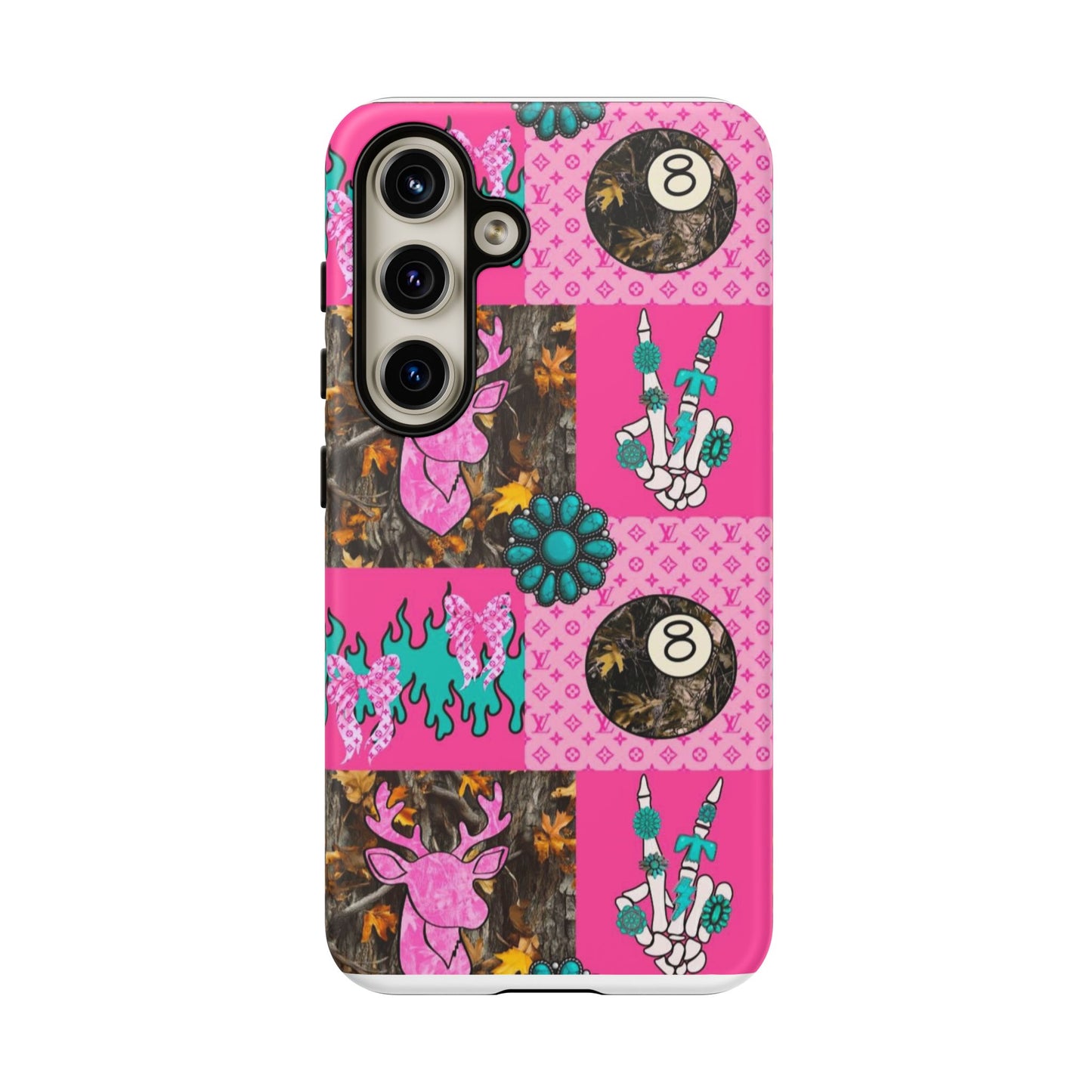 Pink Country Patchwork Phone Case – Billiard 8-Ball, Deer & Skeleton Hand Design